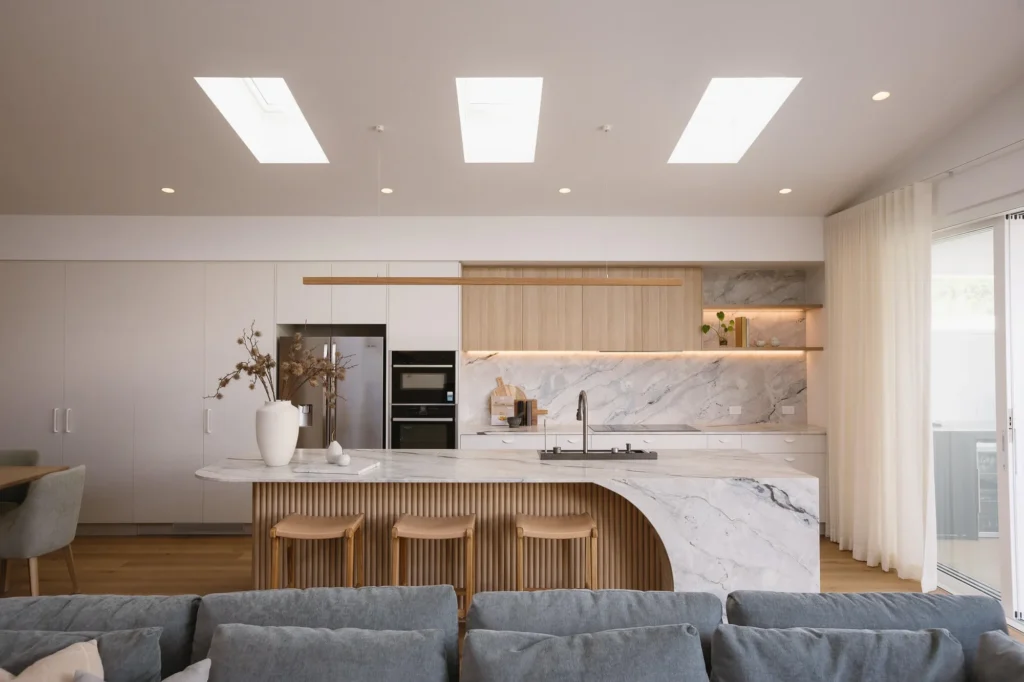 Kitchen and living area in the Merewether renovation, a 2026 HIA Hunter Awards finalist